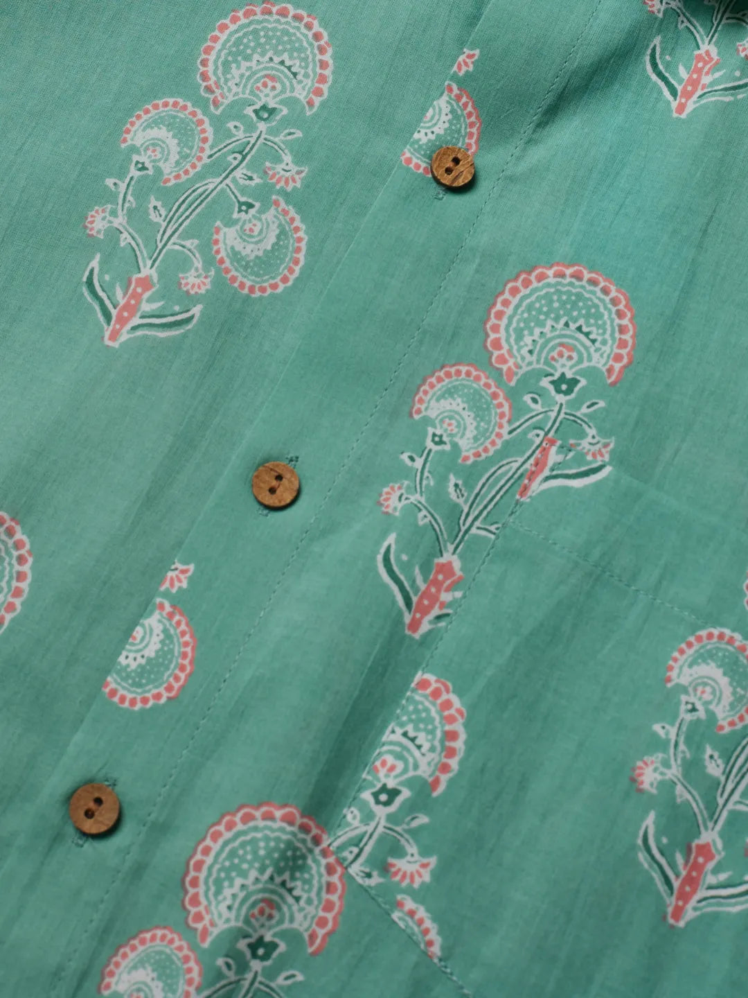 Close up of Teal Botanical Flower Printed Shirt by Brand Patrah