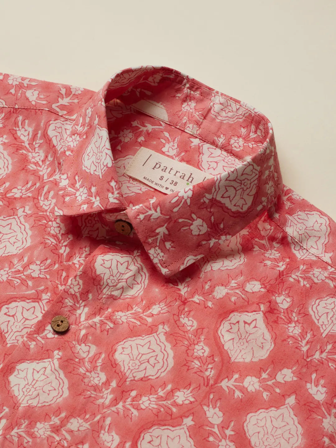Close up of Summer Coral Handblock Printed Shirt by Brand Patrah