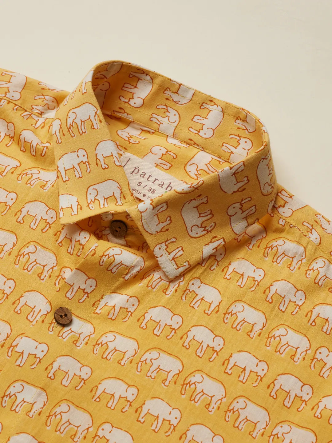 Close up of Yellow Elephant Printed Shirt by Brand Patrah