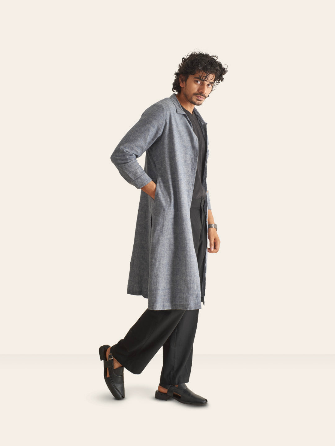 Brown Model wearing Grey Handwoven Overlay Kurta Shirt by Brand Patrah