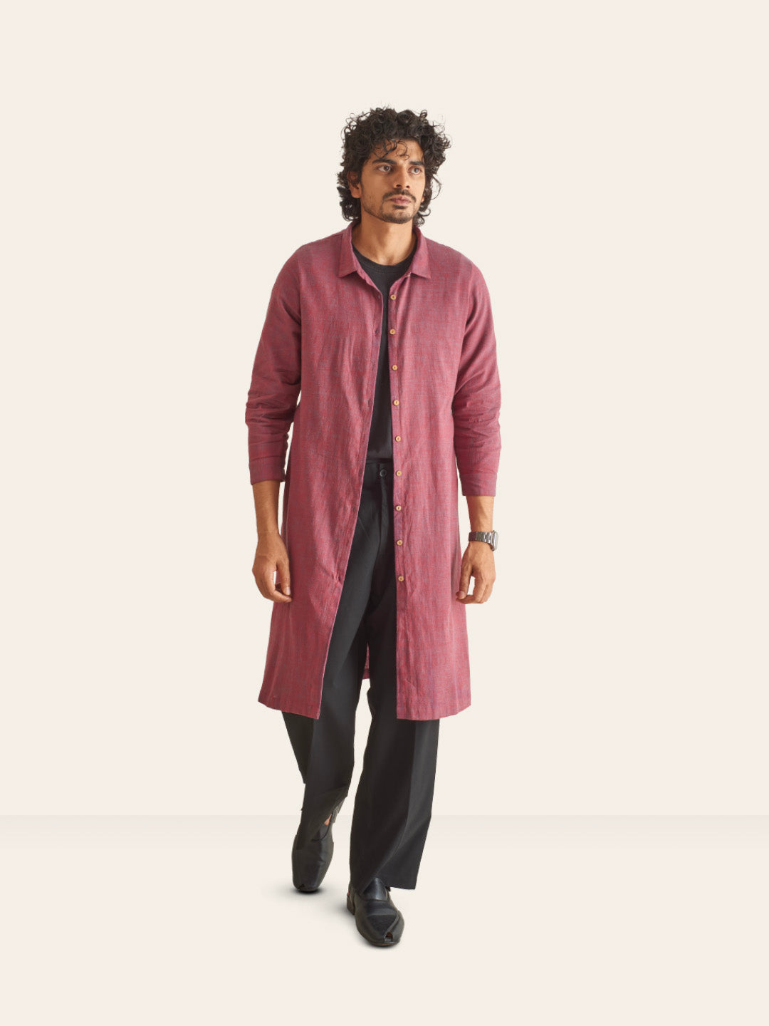 Brown Model wearing Viva Magenta Handwoven Overlay Kurta Shirt by Brand Patrah