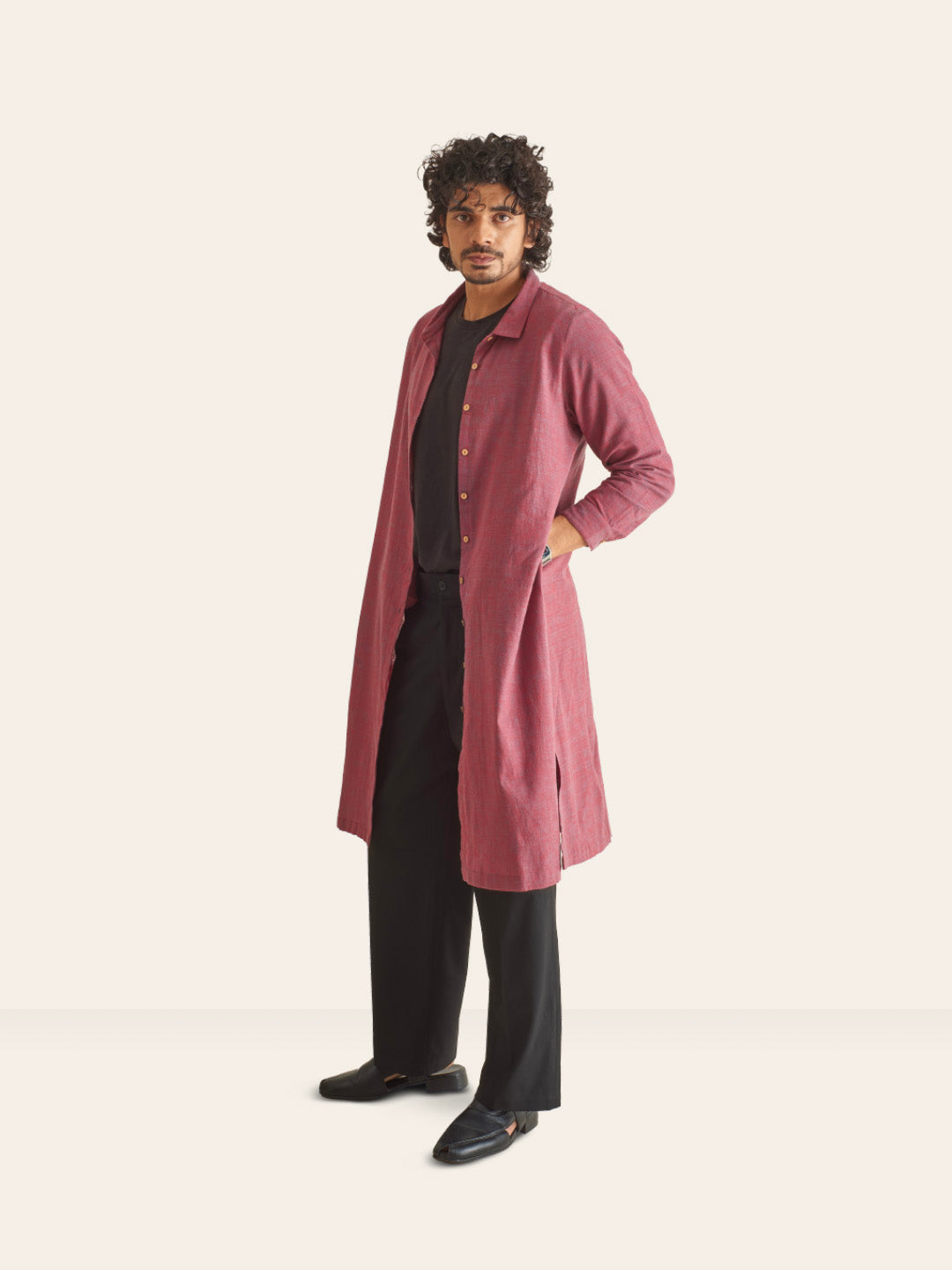 Brown Model wearing Viva Magenta Handwoven Overlay Kurta Shirt by Brand Patrah