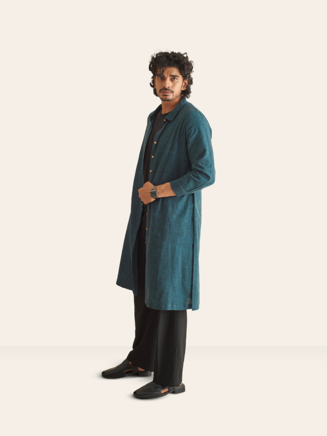 Brown Model wearing Dark Pine Handwoven Overlay Kurta Shirt by Brand Patrah