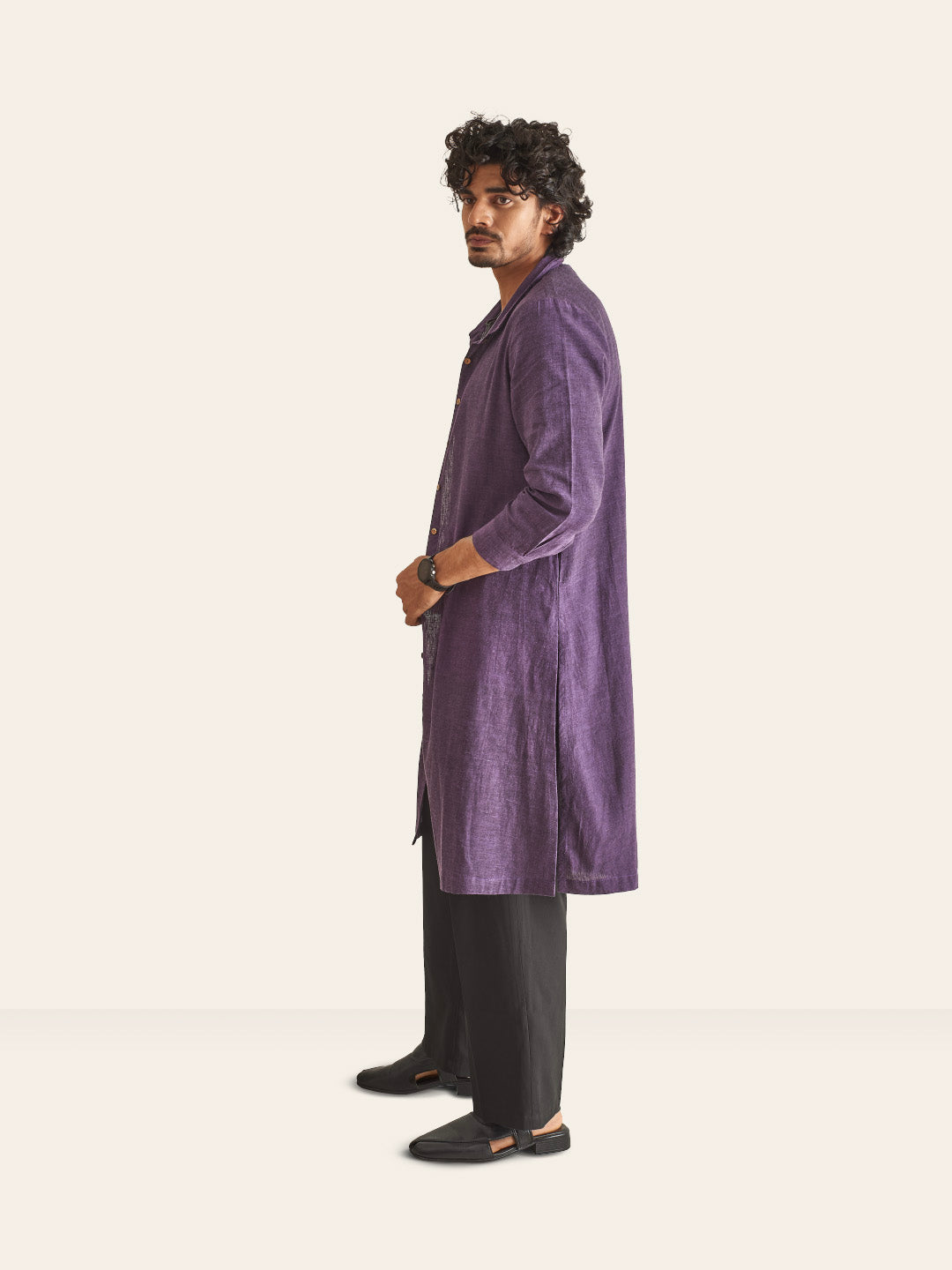 Model Facing sideways wearing Purple Handwoven Overlay Kurta Shirt by Brand Patrah