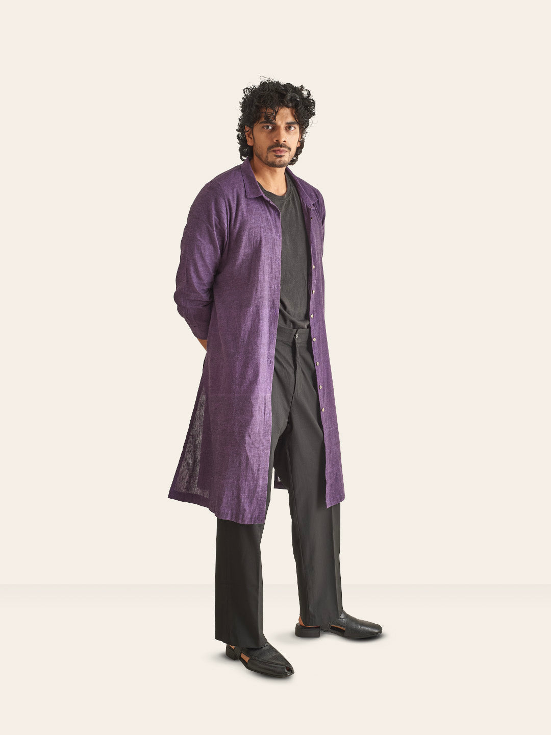 Brown Model wearing Purple Handwoven Overlay Kurta Shirt by Brand Patrah
