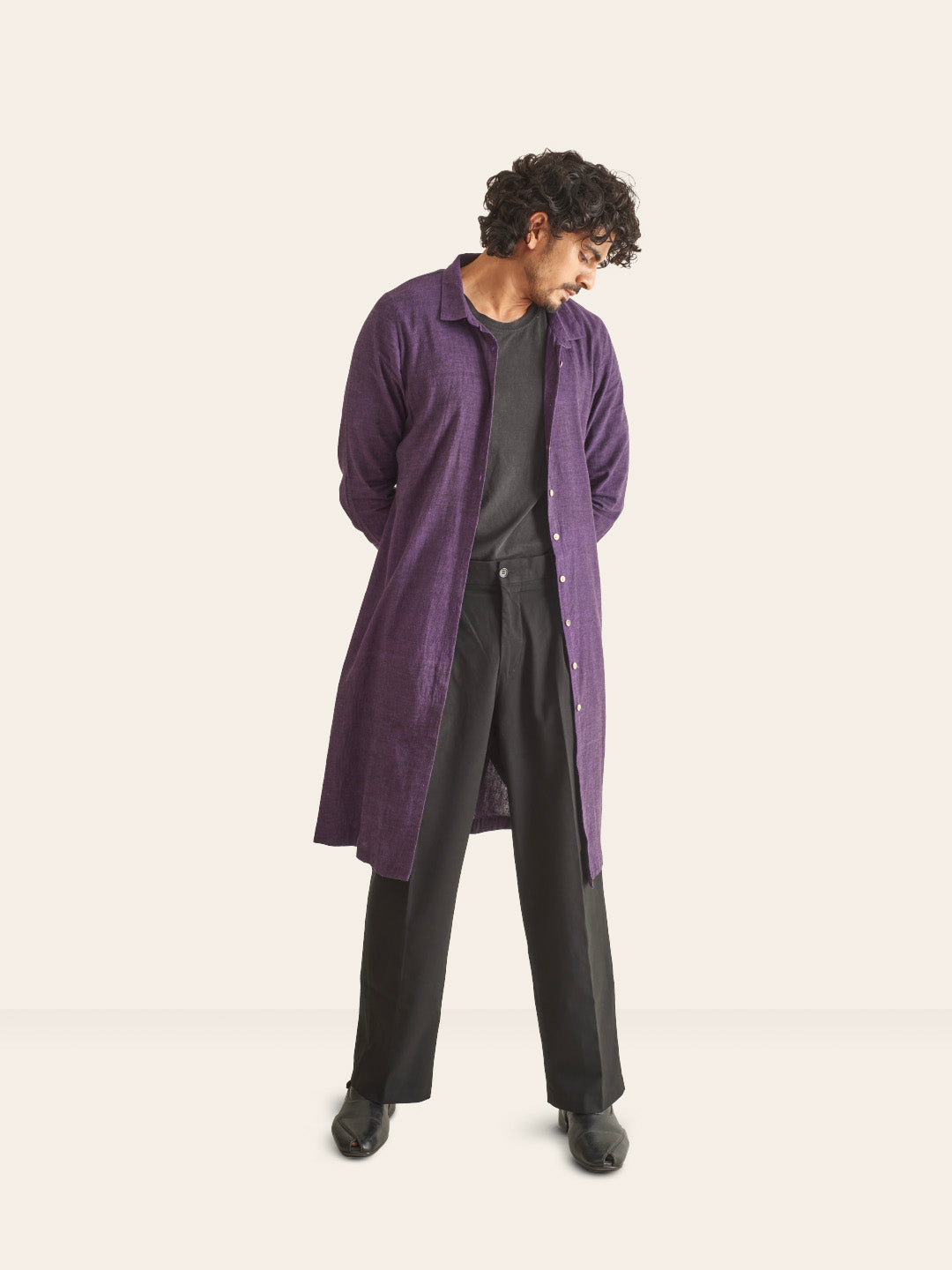 Model Facing sideways wearing Purple Handwoven Overlay Kurta Shirt by Brand Patrah