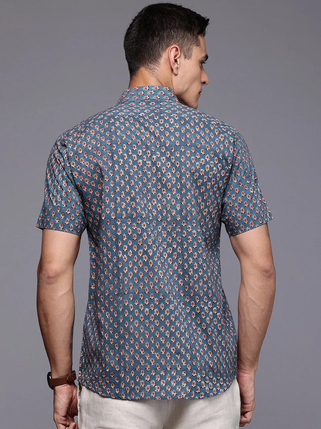 Handcrafted blue floral shirt for men