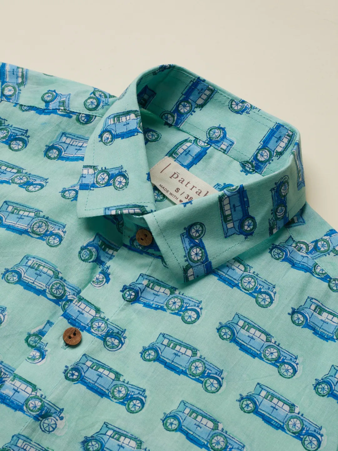 Close up of Vinatge Car Handblock Printed Shirt by Brand Patrah