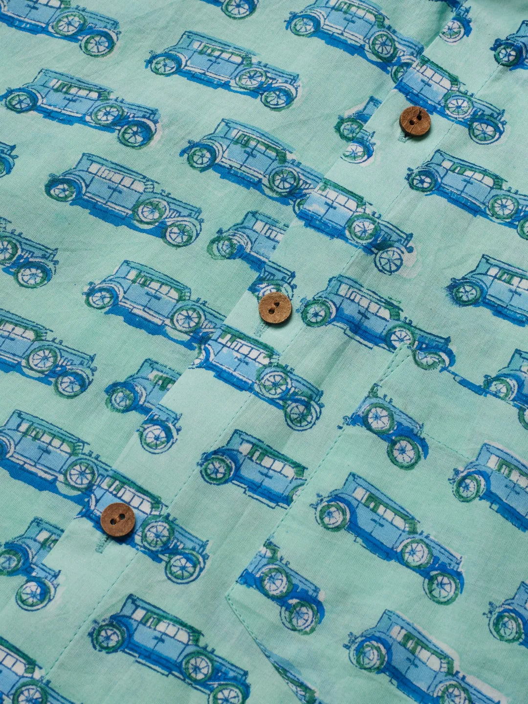 Close up of Vinatge Car Handblock Printed Shirt by Brand Patrah