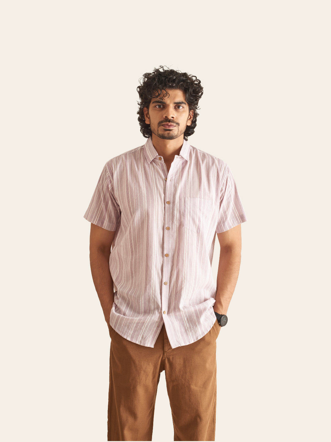 Brown Model wearing White and Plum Line Cotton Shirt by Brand Patrah