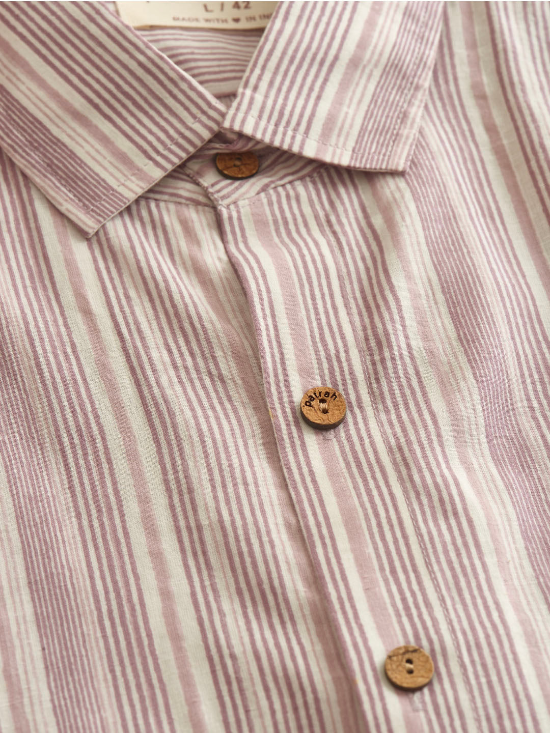 Close up of White and Plum Line Cotton Shirt by Brand Patrah