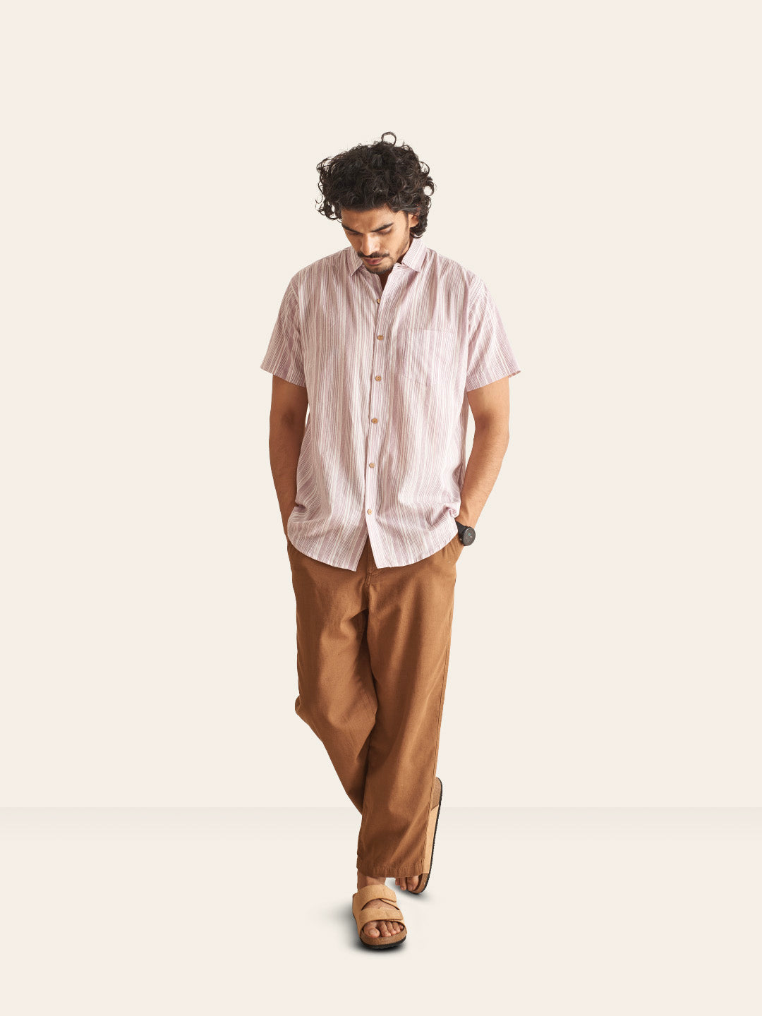 Brown Model wearing White and Plum Line Cotton Shirt by Brand Patrah