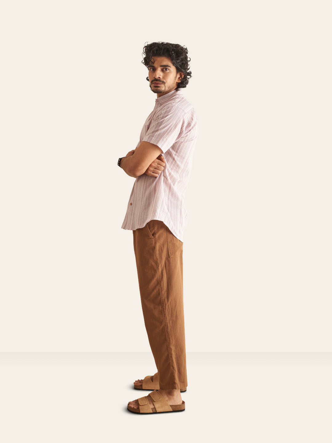 Brown Model wearing White and Plum Line Cotton Shirt by Brand Patrah
