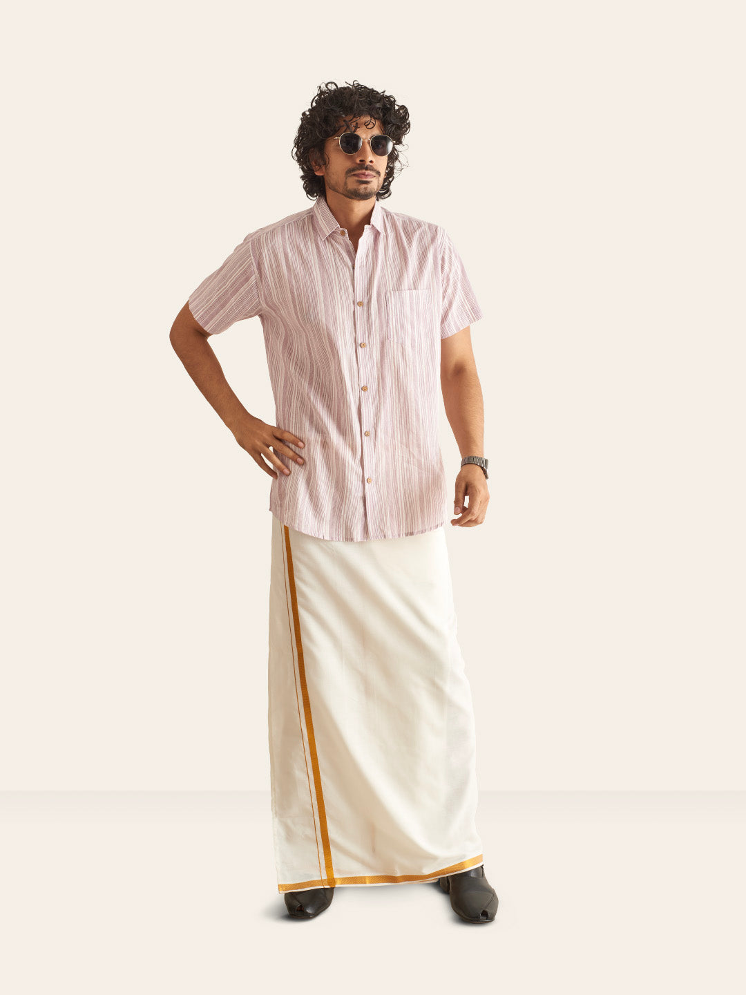 Model Facing sideways wearing White and Plum Line Cotton Shirt by Brand Patrah