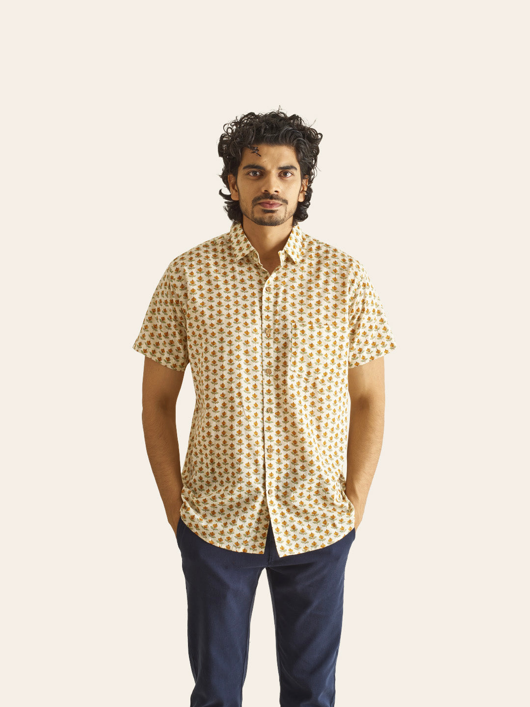 Brown Model wearing Mustard Bud Printed Cotton Shirt by Brand Patrah