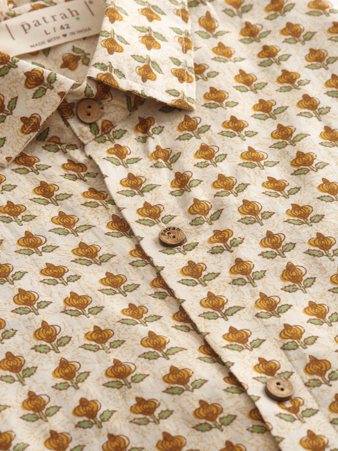 Close up of Mustard Bud Printed Cotton Shirt by Brand Patrah