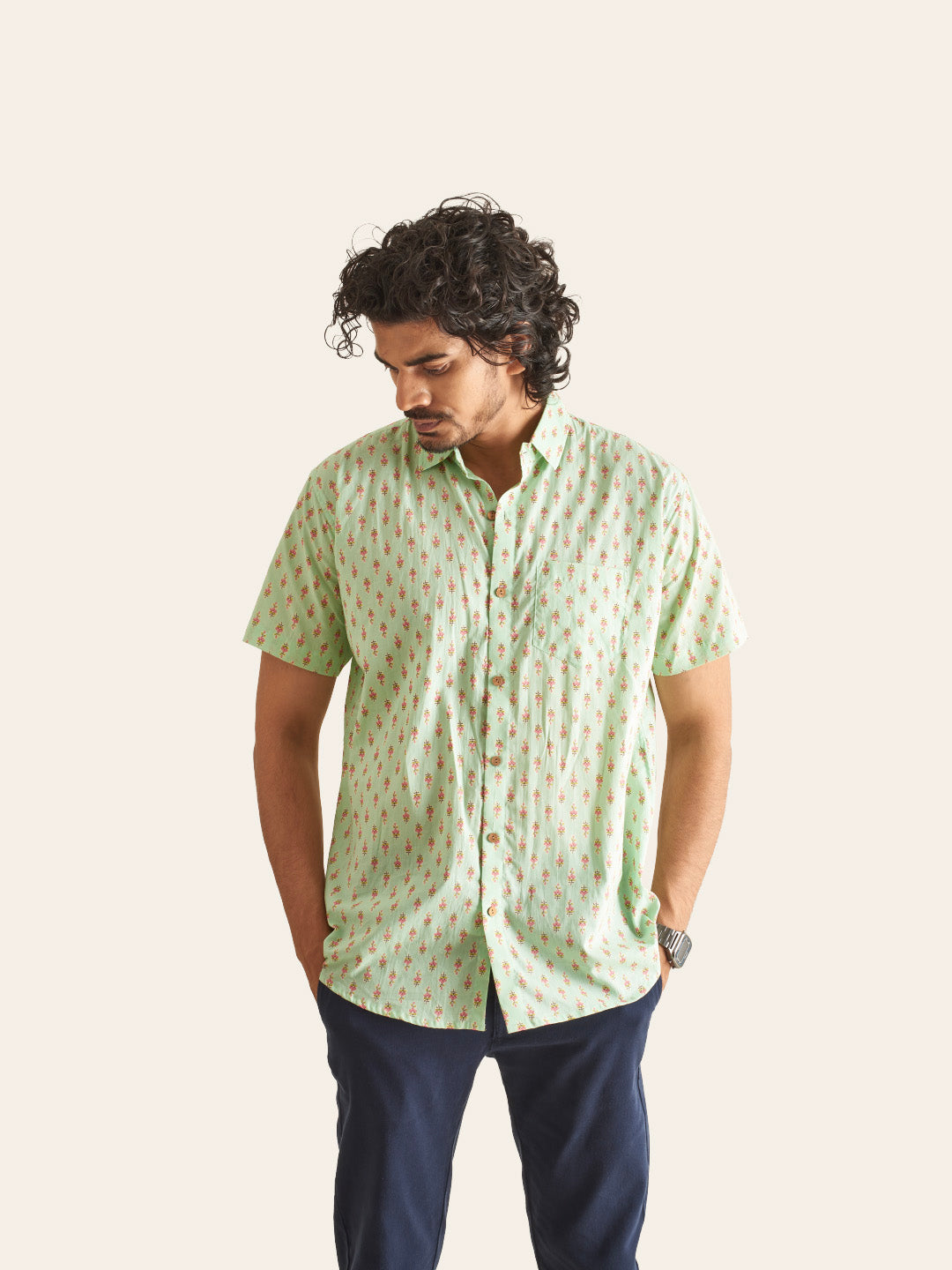 Model Facing sideways wearing Mint Green Printed Cotton Shirt by Brand Patrah