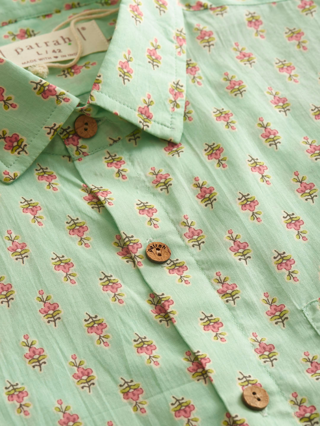 Close up of Mint Green Printed Cotton Shirt by Brand Patrah