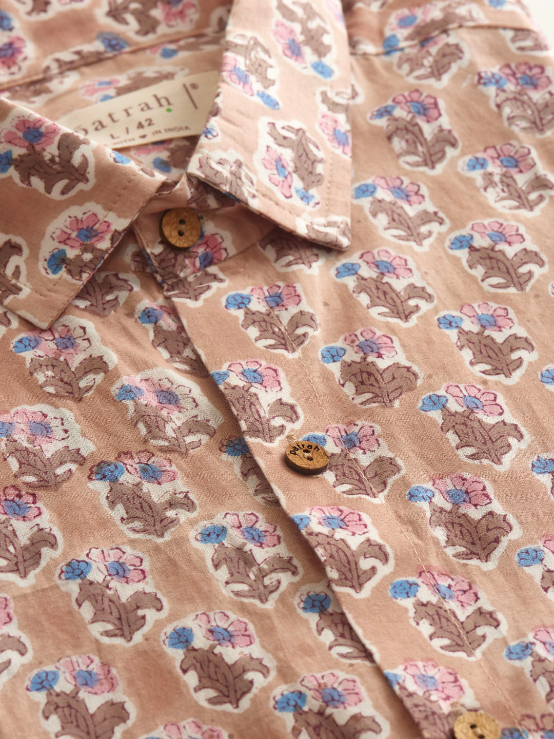 Close up of Dusty Pink Floral Handblock Printed Cotton Shirt by Brand Patrah