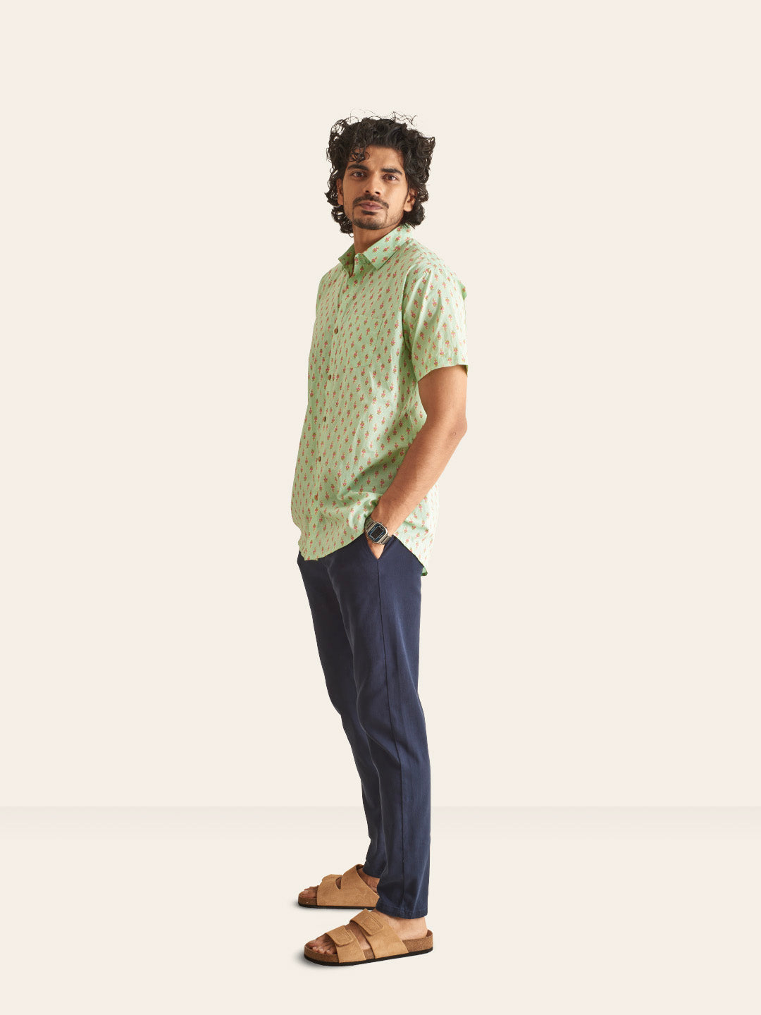 Brown Model wearing Mint Green Printed Cotton Shirt by Brand Patrah