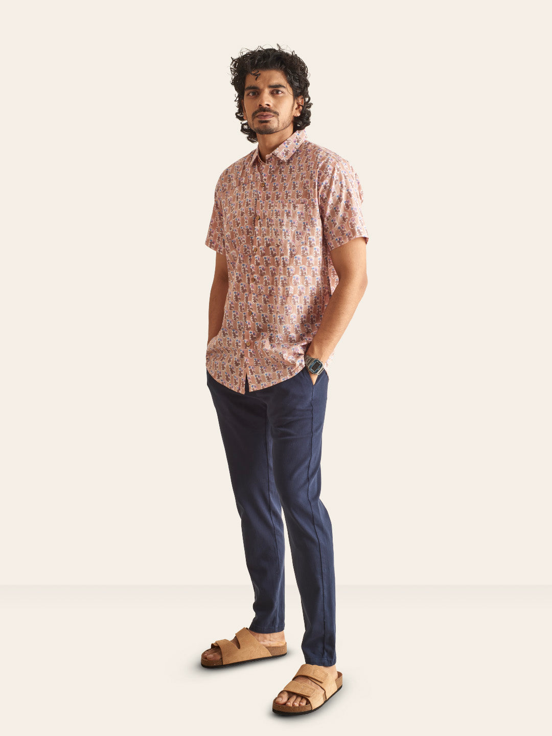 Brown Model wearing Dusty Pink Floral Handblock Printed Cotton Shirt by Brand Patrah