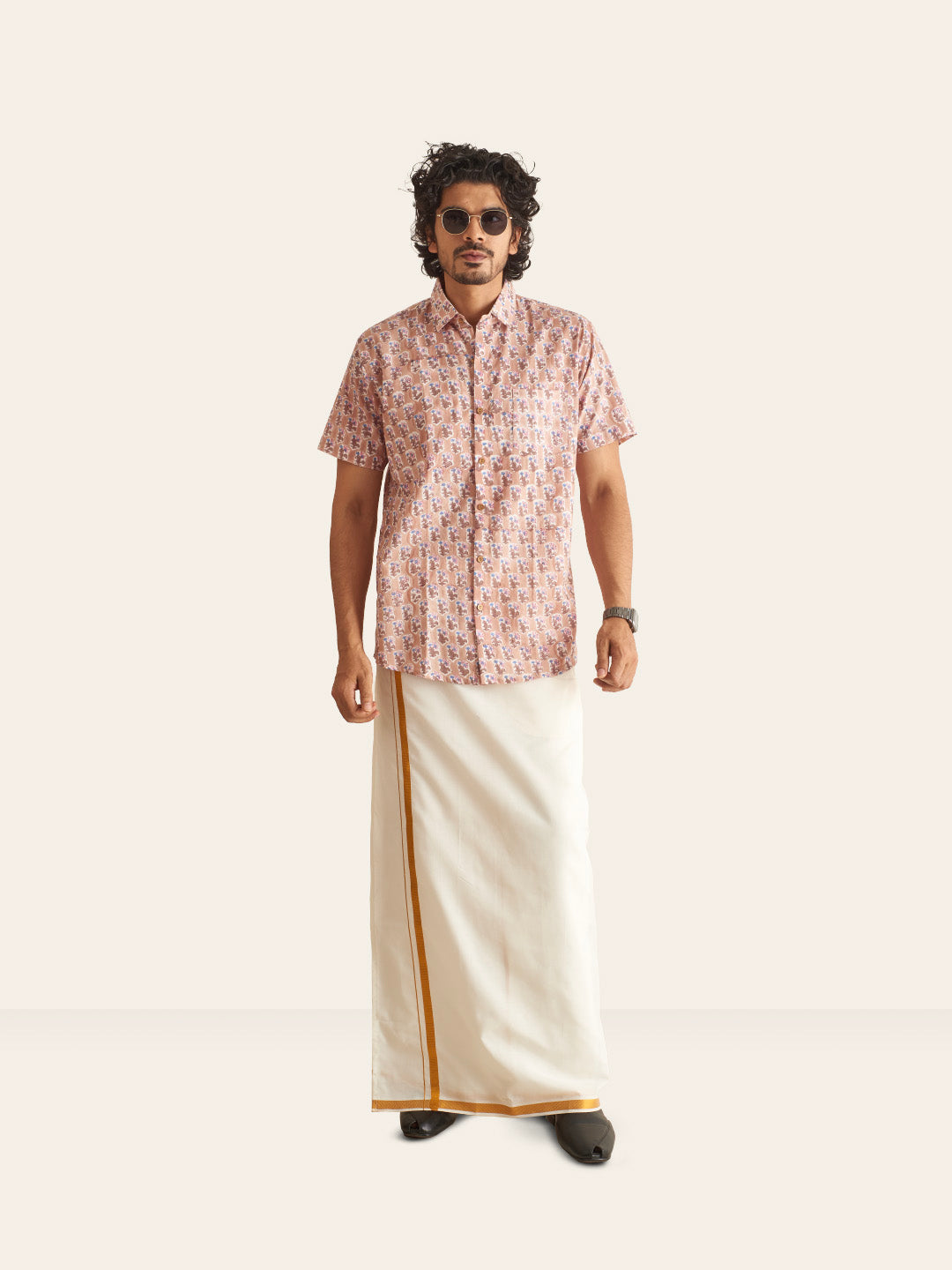 Brown Model wearing Dusty Pink Floral Handblock Printed Cotton Shirt by Brand Patrah