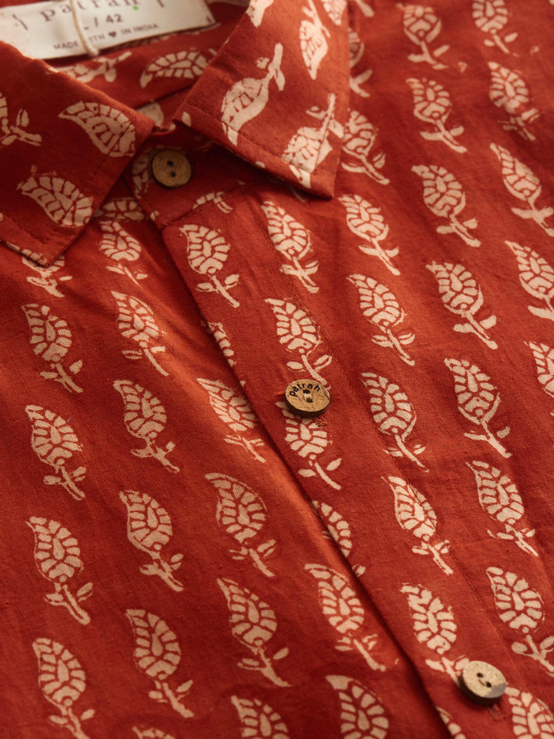 Close up of Natural Dye Red Ethnic Motif Handblock Printed Cotton Shirt by Brand Patrah
