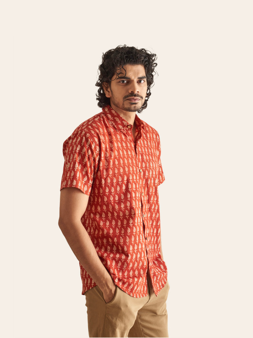 Brown Model wearing Natural Dye Red Ethnic Motif Handblock Printed Cotton Shirt by Brand Patrah