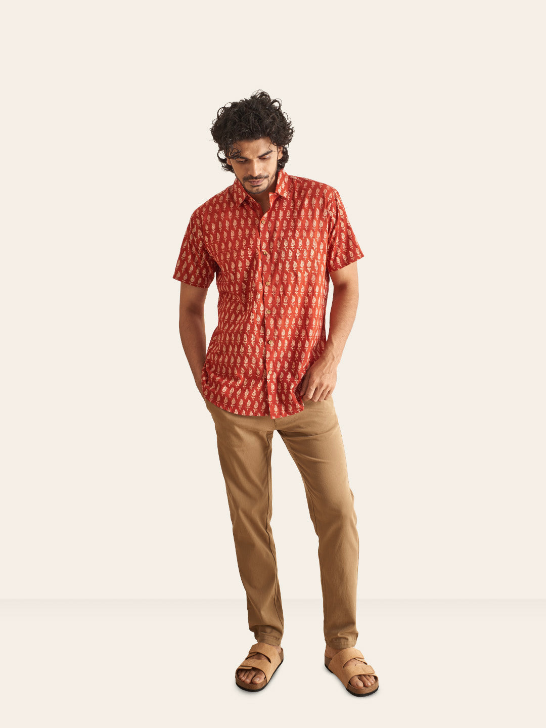 Brown Model wearing Natural Dye Red Ethnic Motif Handblock Printed Cotton Shirt by Brand Patrah
