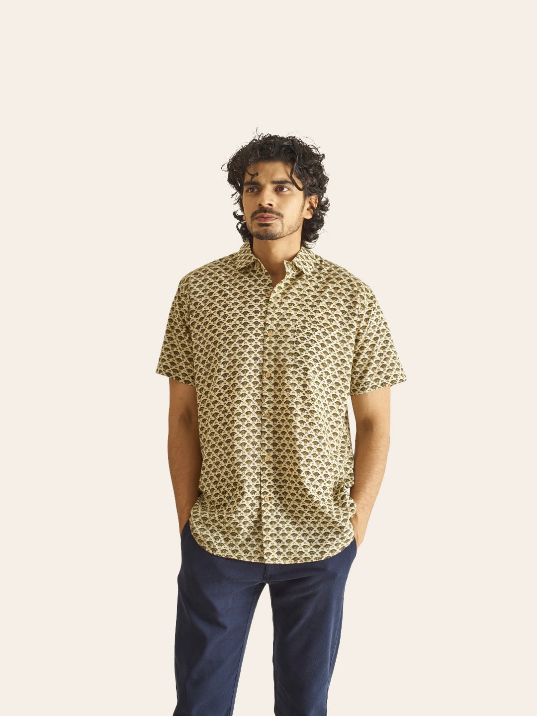 Brown Model wearing Mustard Motif Ivory Handblock Printed Cotton Shirt by Brand Patrah