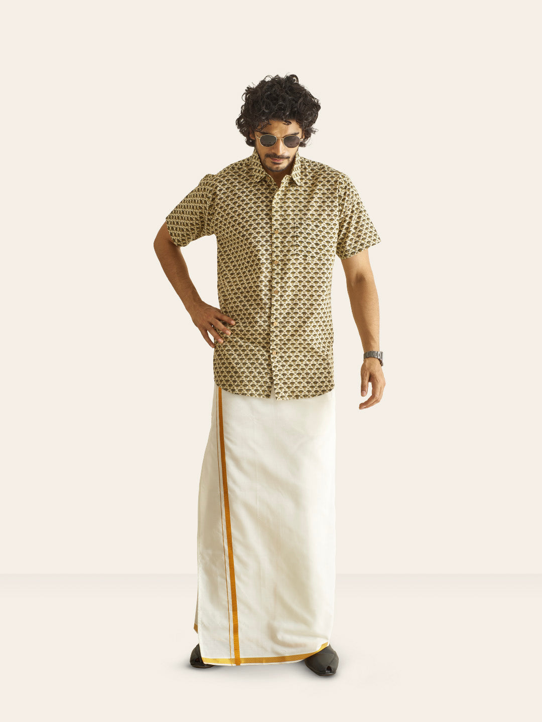 Brown Model wearing Mustard Motif Ivory Handblock Printed Cotton Shirt by Brand Patrah