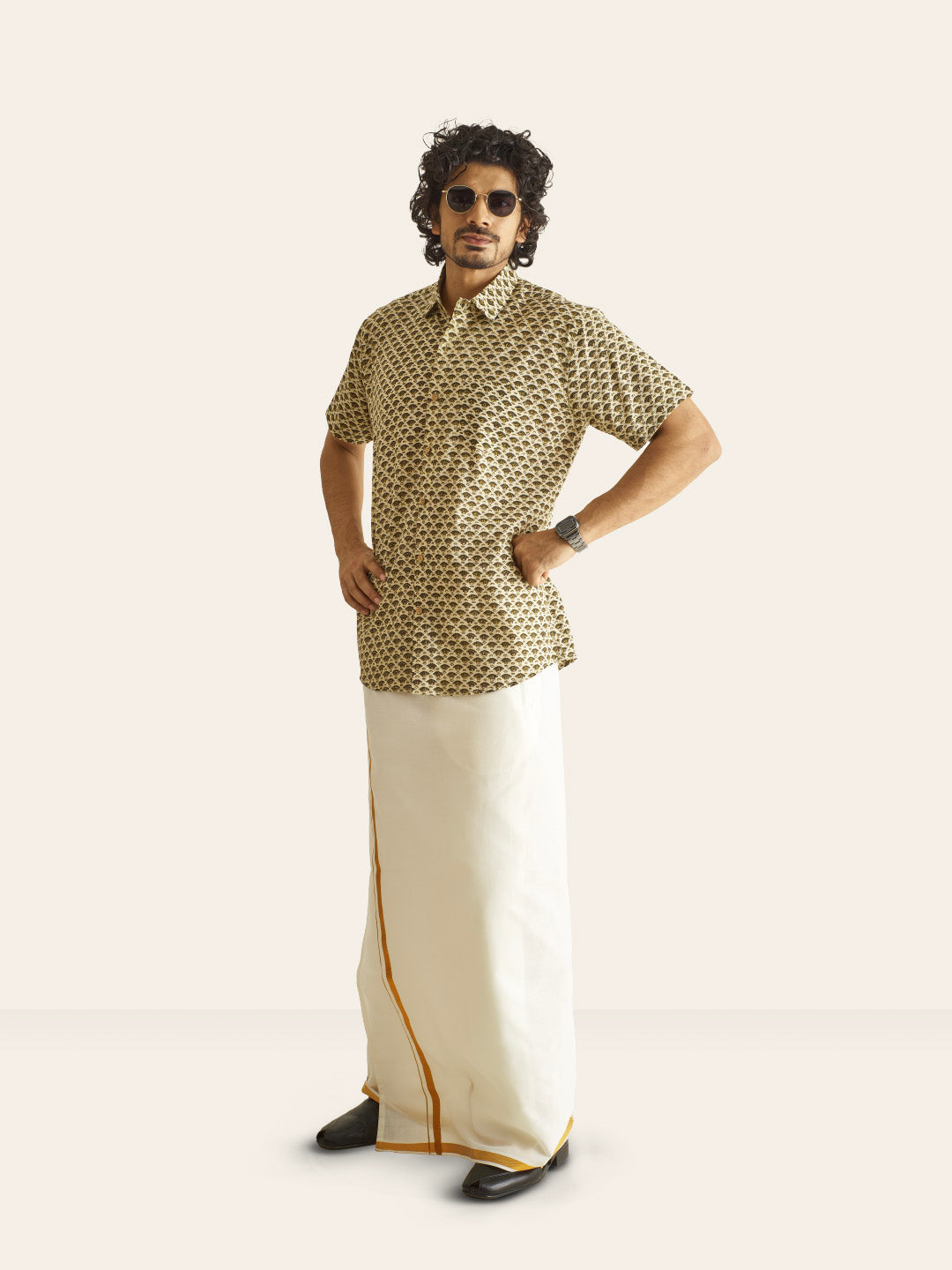 Brown Model wearing Mustard Motif Ivory Handblock Printed Cotton Shirt by Brand Patrah