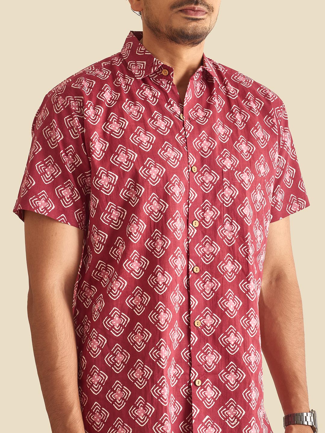 Close up of Plum Abstract Chula Printed Halfsleeves Cotton Shirt by Brand Patrah