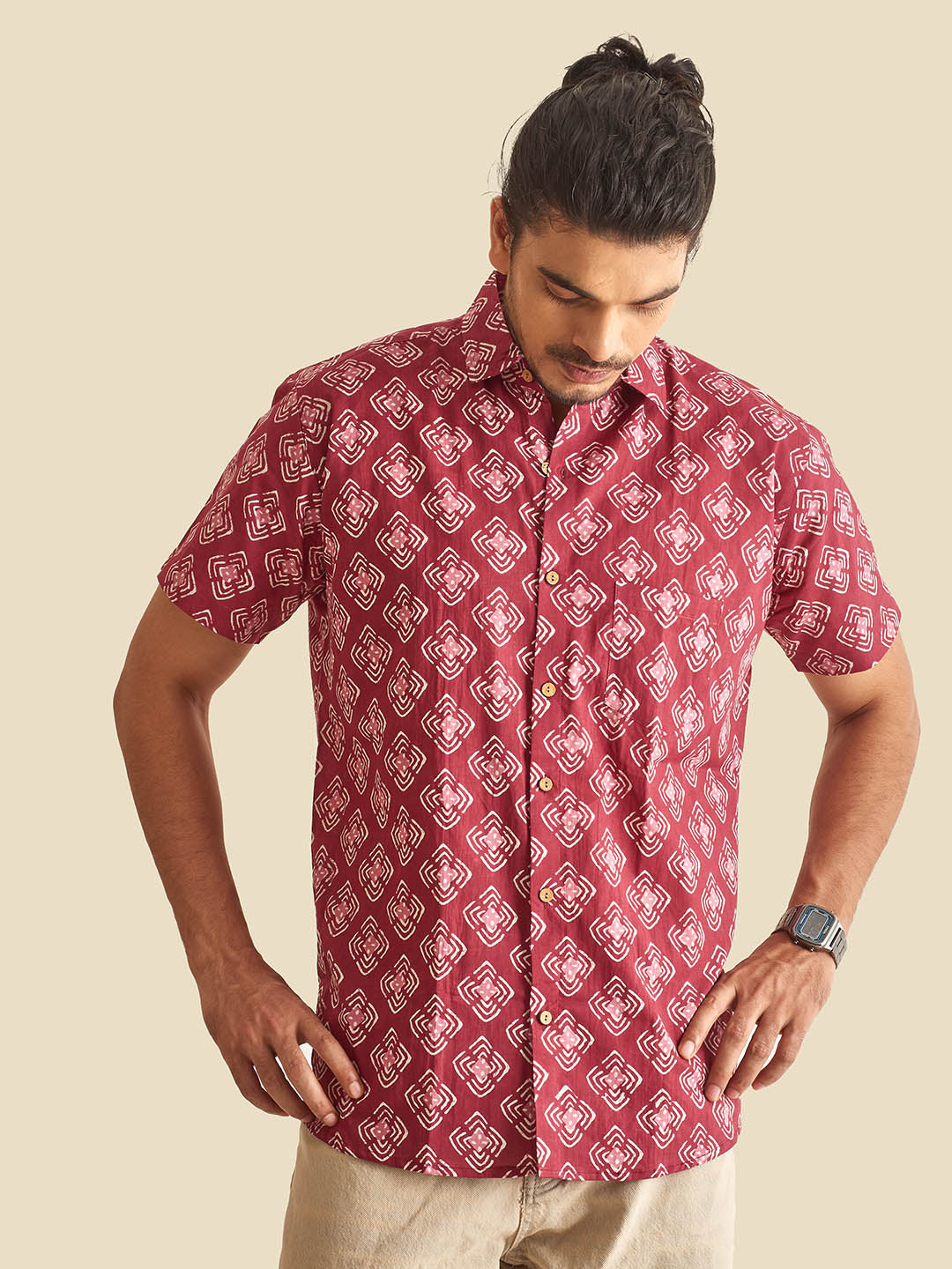 Brown Model wearing Plum Abstract Chula Printed Halfsleeves Cotton Shirt by Brand Patrah