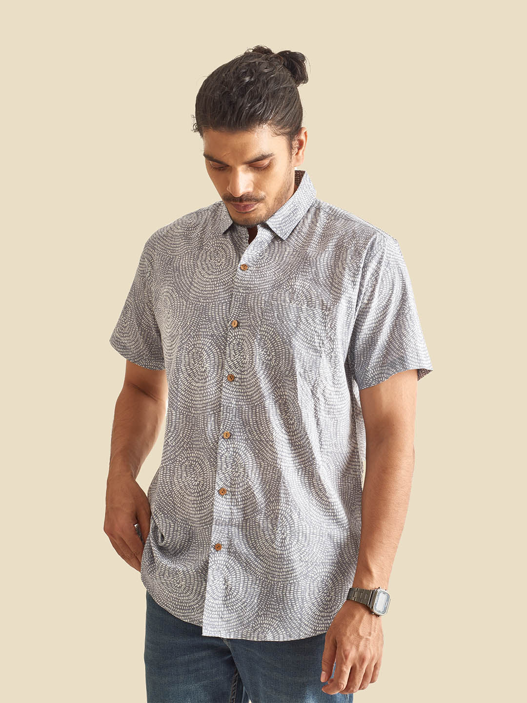 Brown Model wearing Grey Abstract Circles Printed Halfsleeves Cotton Shirt by Brand Patrah