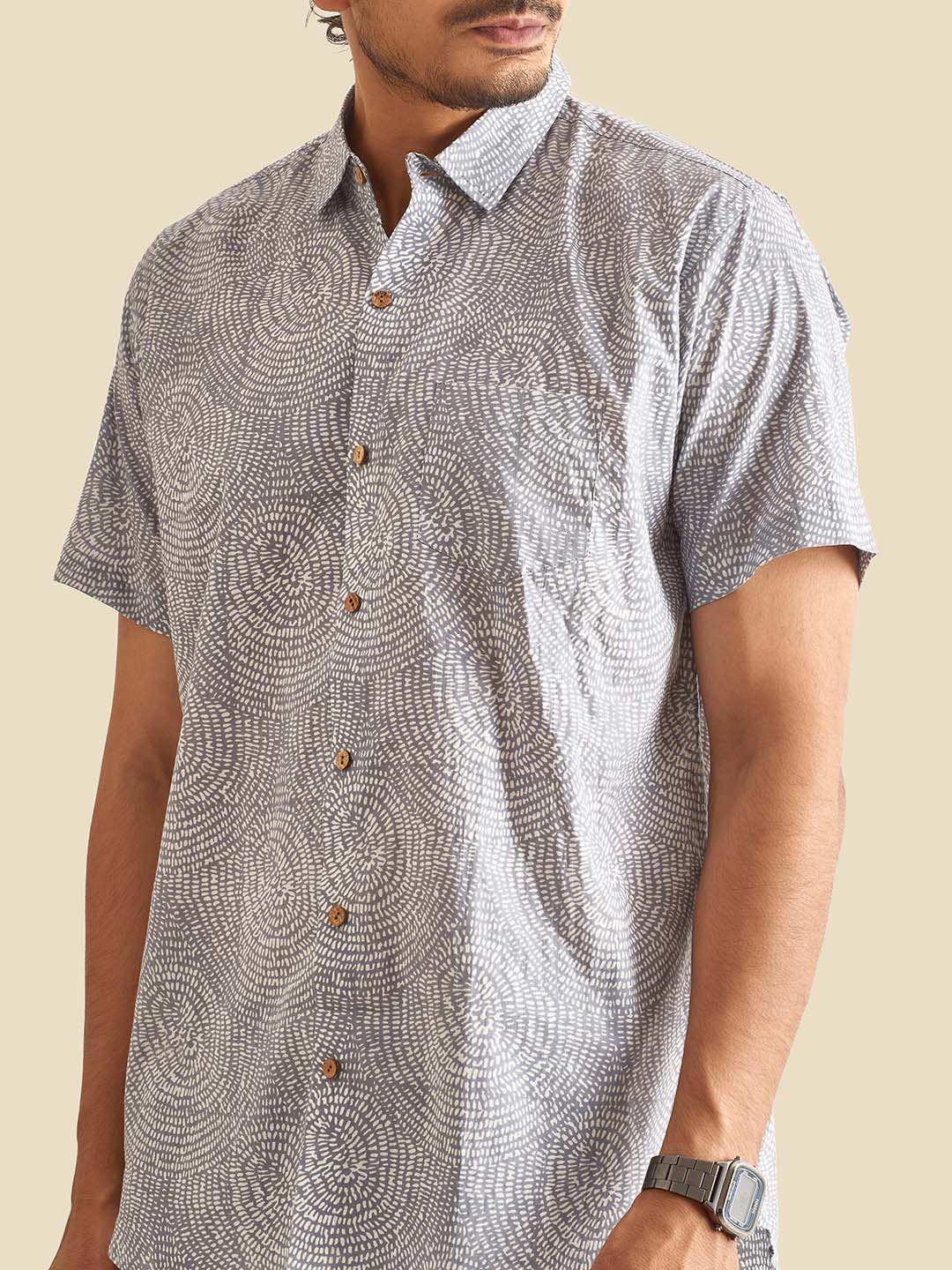 Close up of Grey Abstract Circles Printed Halfsleeves Cotton Shirt by Brand Patrah