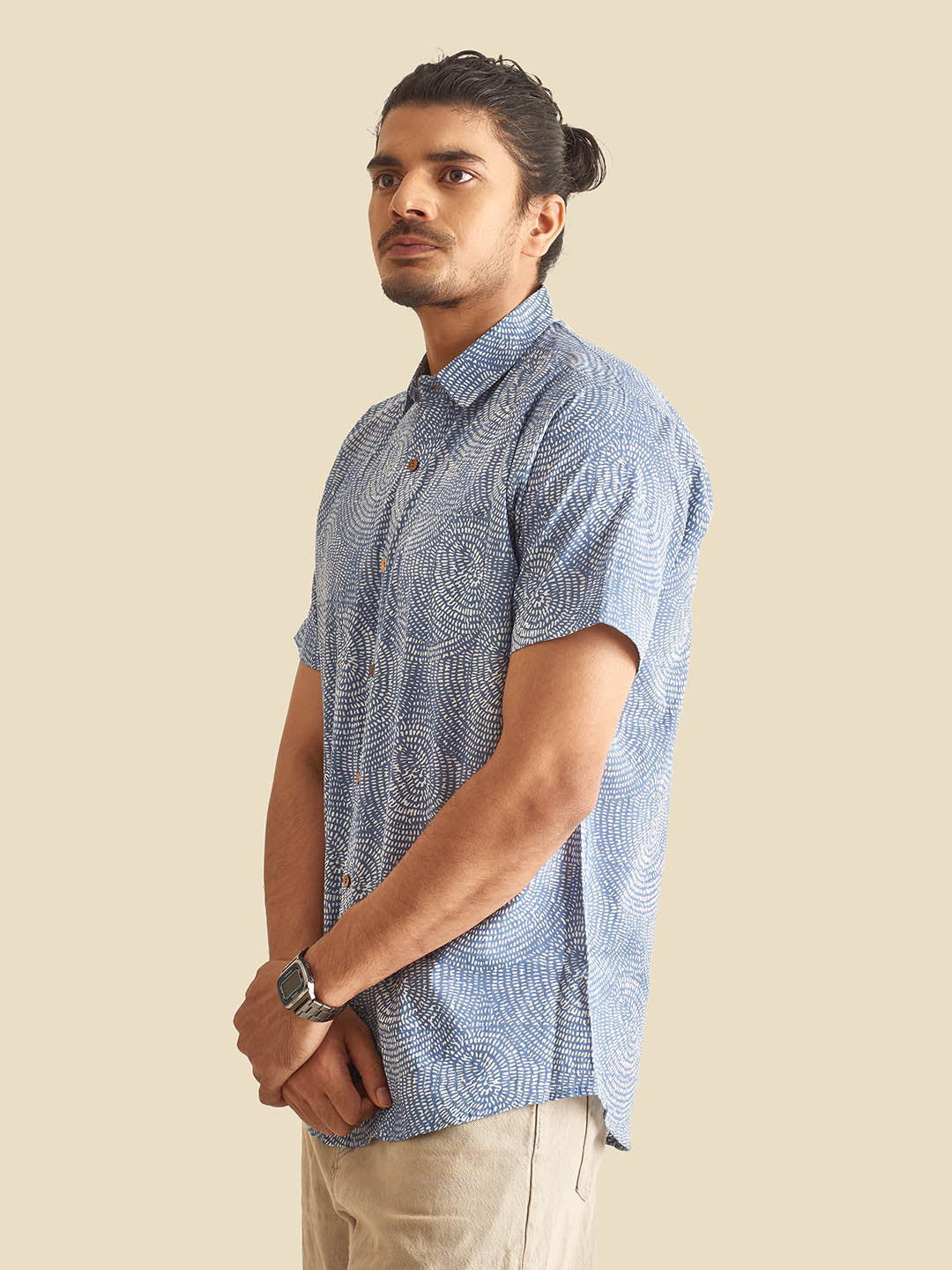 Blue Abstract Circles Printed Halfsleeves Cotton Shirt
