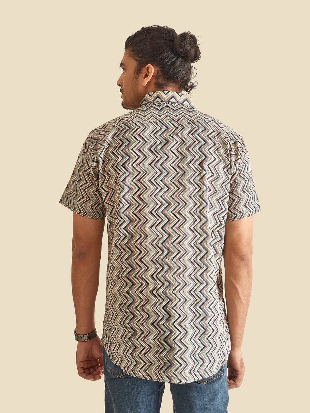 Grey Greece Chevron Block Printed Halfsleeves Cotton Shirt