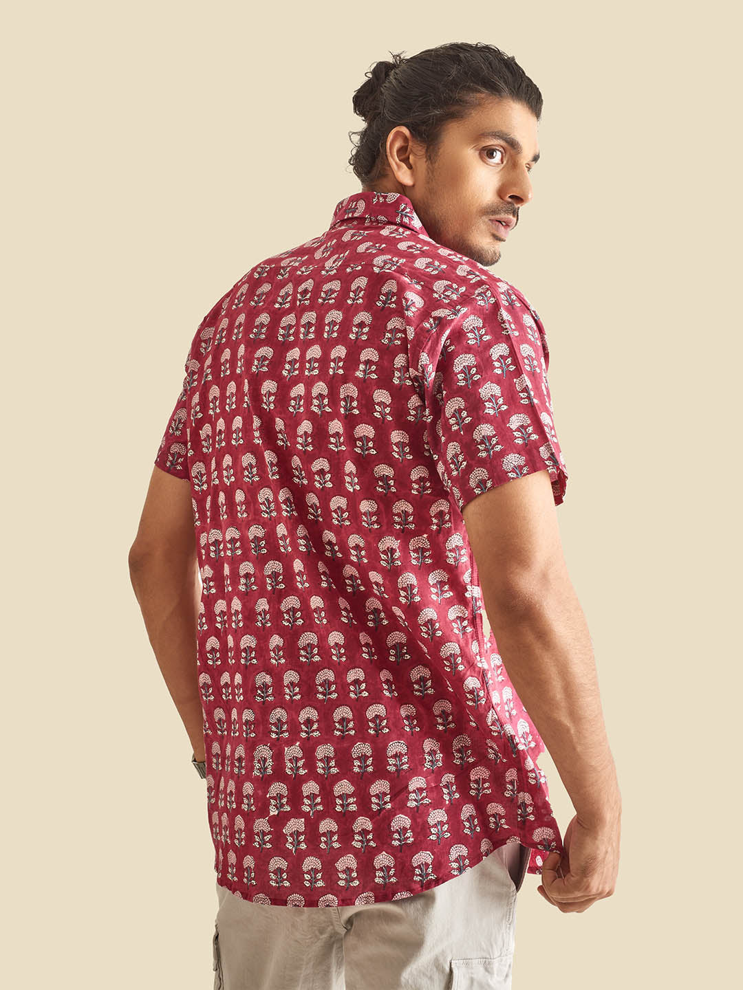 Maroon Floral Block Printed Halfsleeves Cotton Shirt