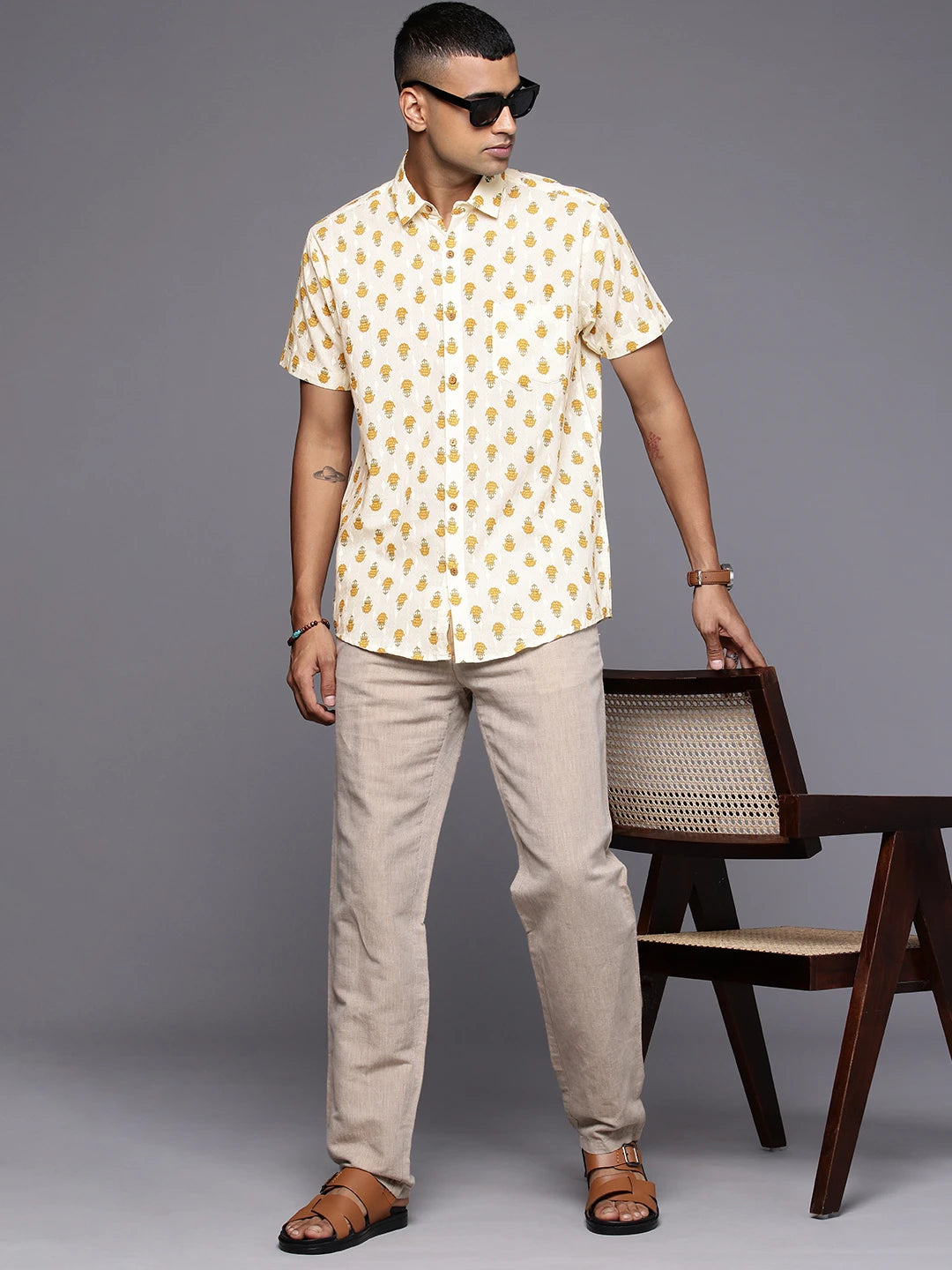 Brown Model wearing Floral Print Cotton Shirt by Brand Patrah
