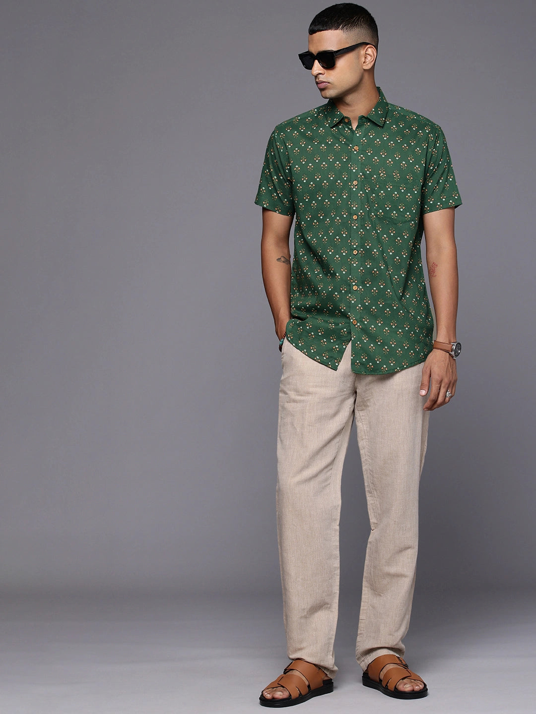 Brown Model wearing Emerald Floral Print Cotton Shirt by Brand Patrah