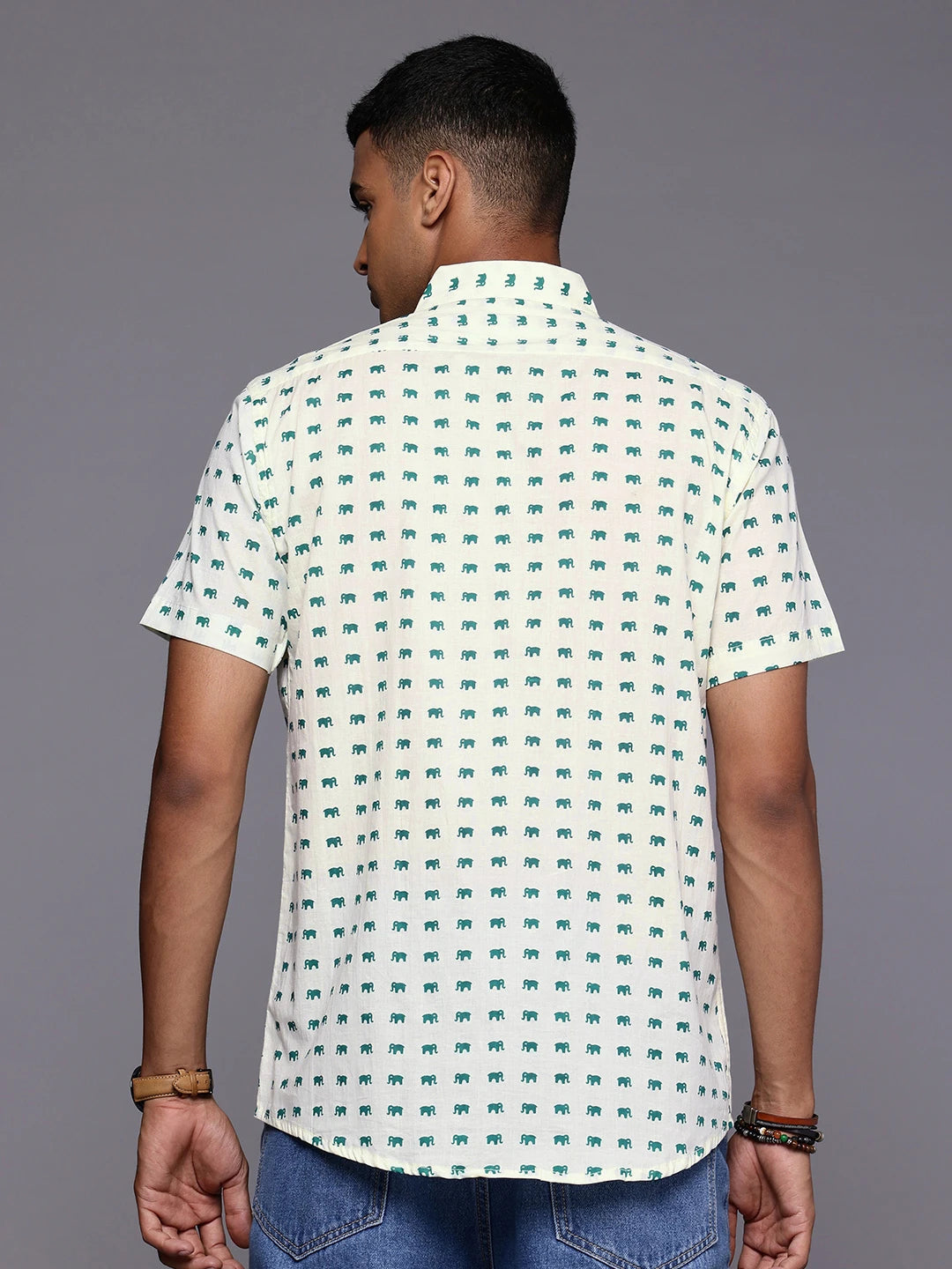 Model facing backwards wearing Elephant Print Cotton Shirt by Brand Patrah