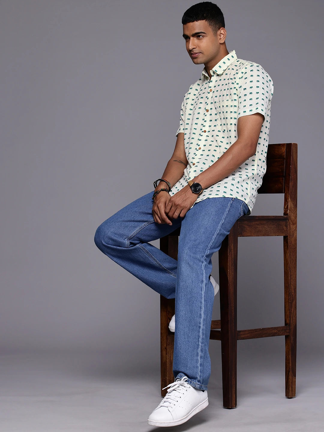 Brown Model wearing Elephant Print Cotton Shirt by Brand Patrah