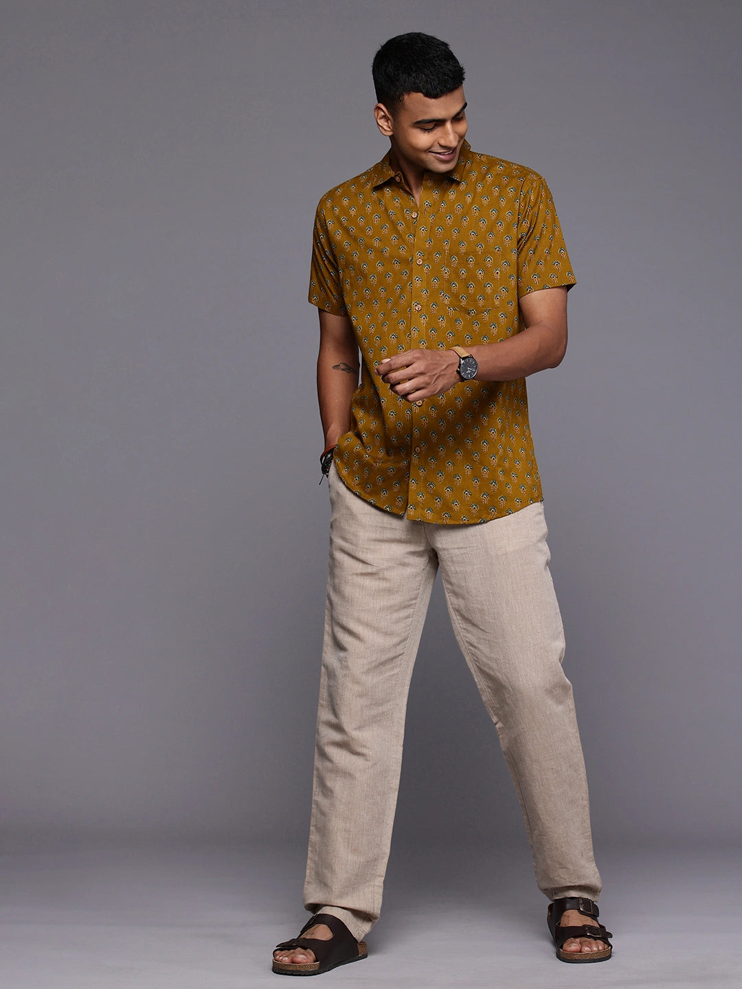 Brown Model wearing Yellow Floral Print Shirt by Brand Patrah