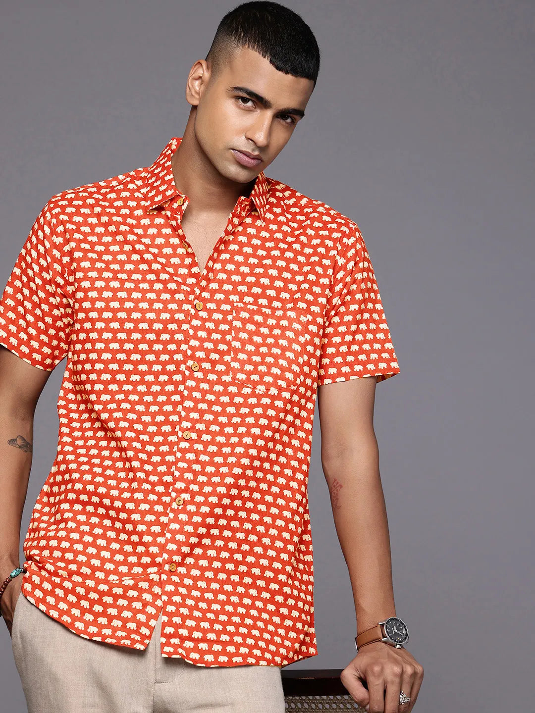 Red Elephant Print Shirt by Brand Patrah