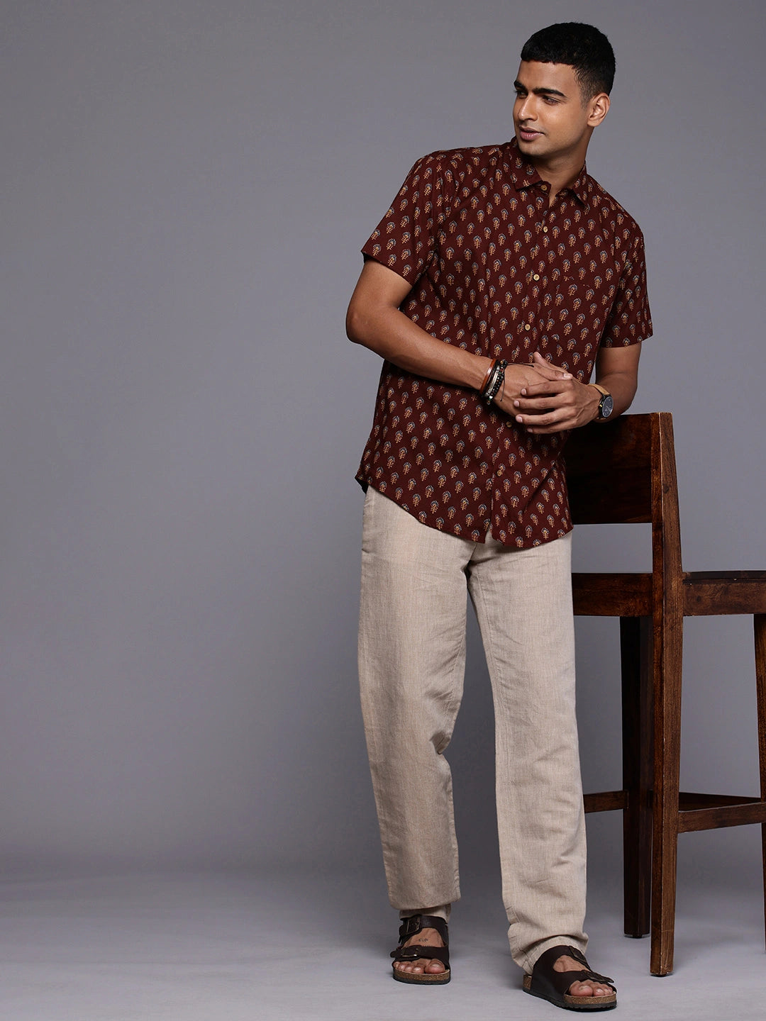 Brown Model wearing Maroon Floral Print Shirt by Brand Patrah