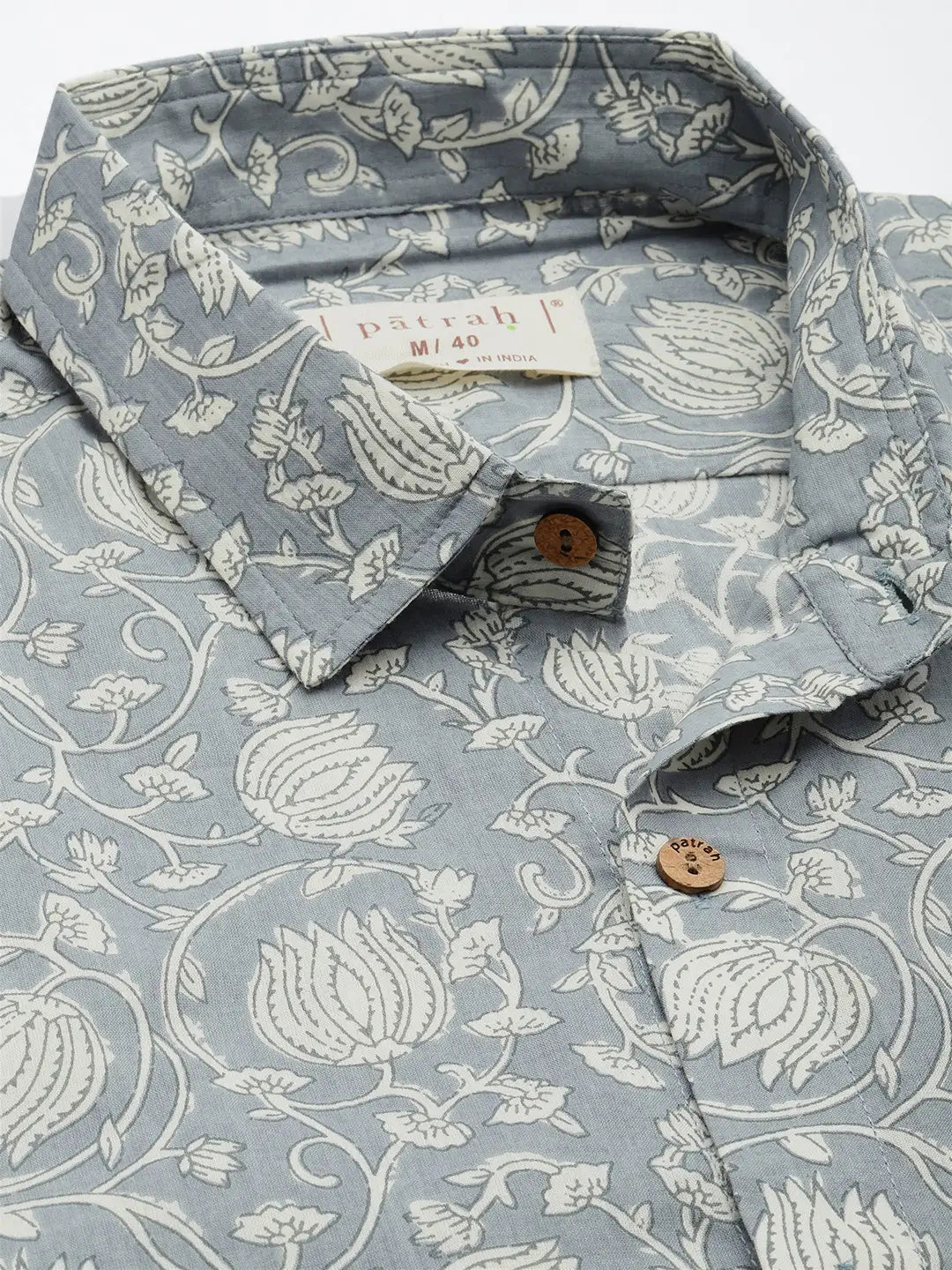Close up of Floral Print Grey Shirt by Brand Patrah