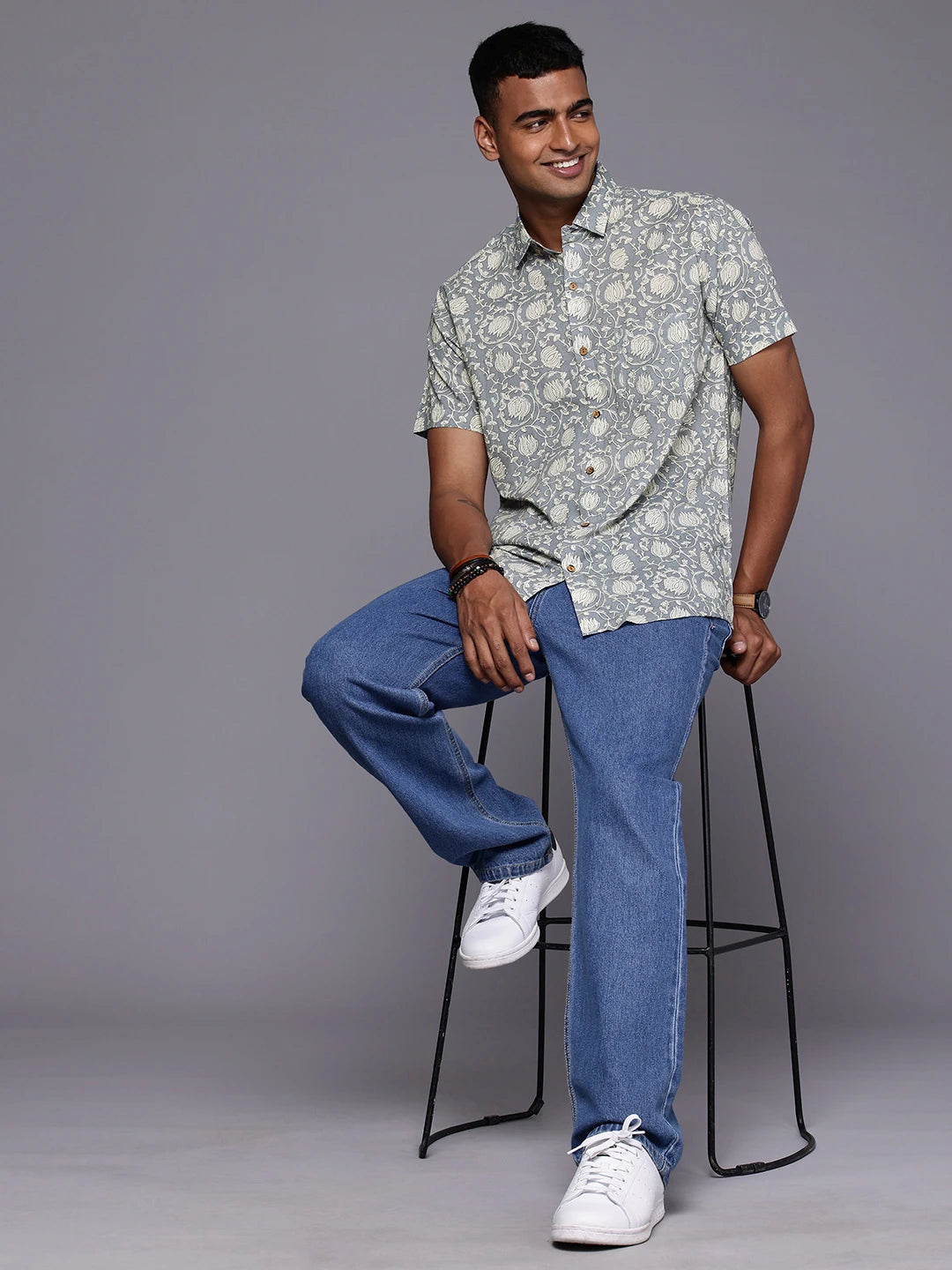 Brown Model wearing Floral Print Grey Shirt by Brand Patrah