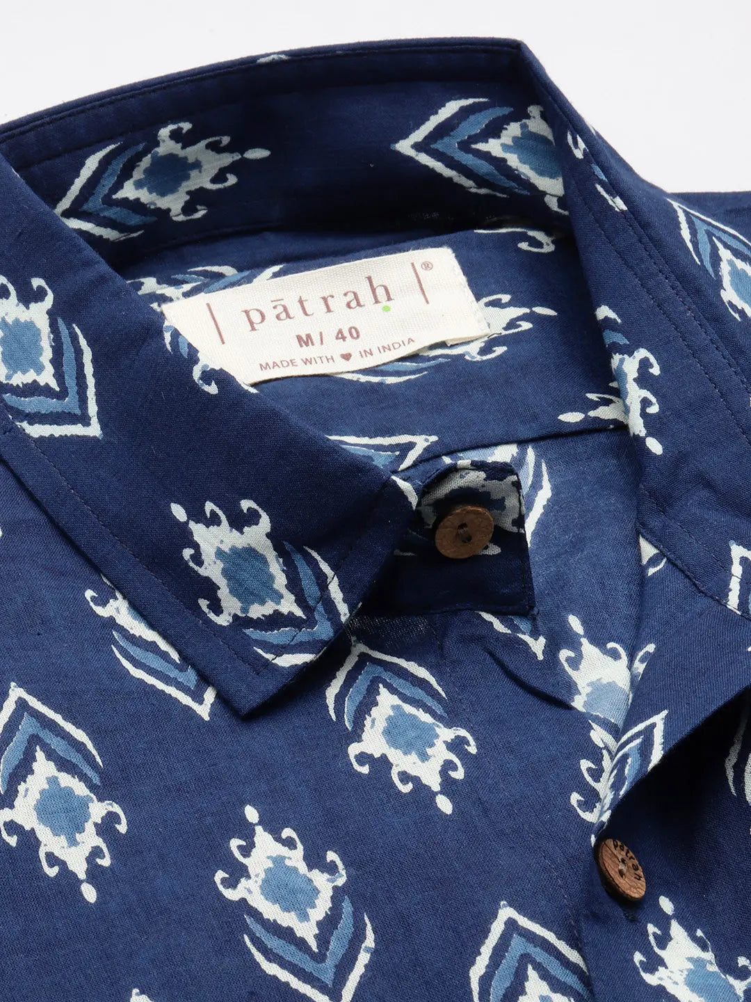 Close up of Blue Ikkat Cotton Shirt by Brand Patrah