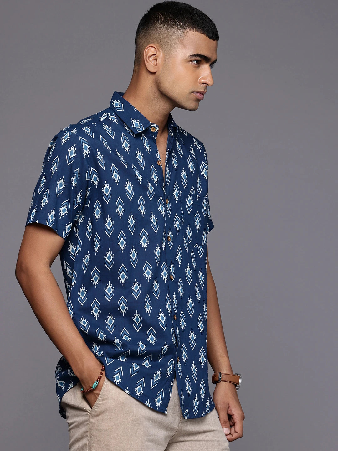 Blue Ikkat Cotton Shirt by Brand Patrah